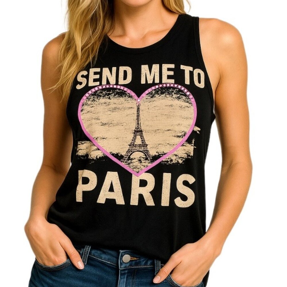 Ocasion Sparkle Mesh Back Women's Tank Top Blouse Paris Graphic Sleeveless Large